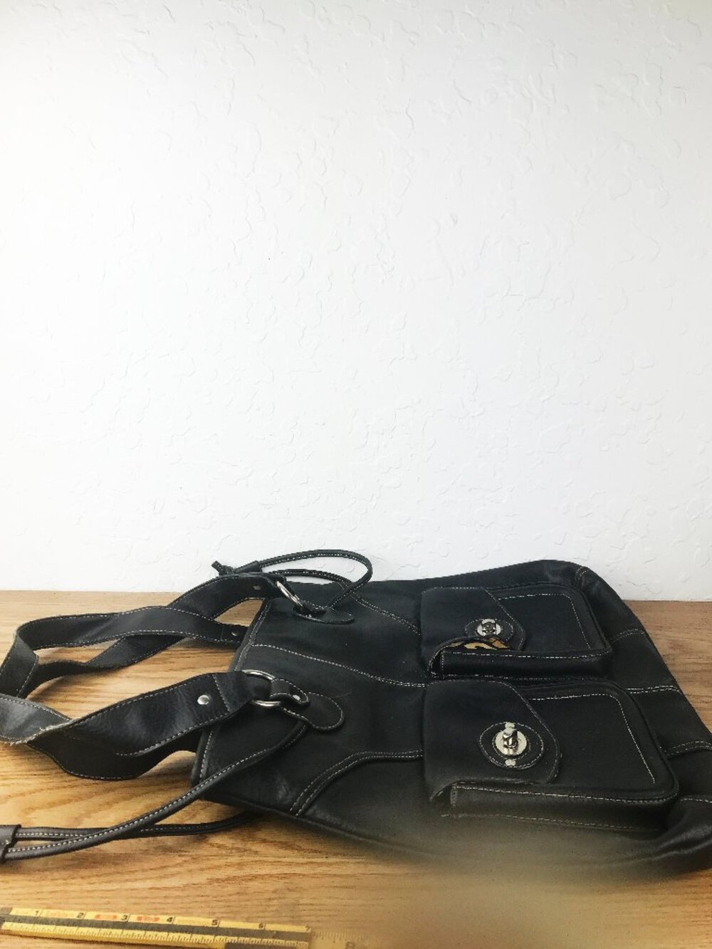 Emilie M. Black Faux‑Leather Tote – Dual Front Pockets & Geometric Lining